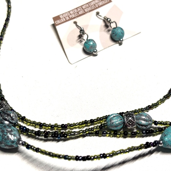 Set of beaded necklace and earrings - aqua, black and silver - Picture 2 of 4